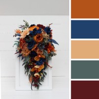 Wedding bouquets in rust orange burgundy navy blue colors. Bridal bouquet. Cascading bouquet. Faux bouquet. Bridesmaid bouquet. 0043