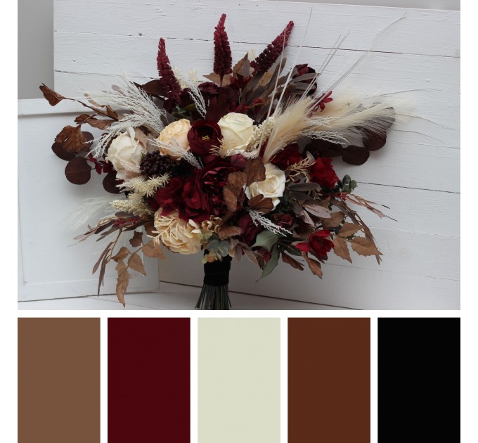 Wedding bouquets in burgundy brown cream colors. Bridal bouquet. Cascading bouquet. Faux bouquet. Bridesmaid bouquet. 0041