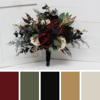 Wedding bouquets in burgundy black gold ivory  colors. Bridal bouquet. Cascading bouquet. Faux bouquet. Bridesmaid bouquet. Gothic black wedding bouquet.0032