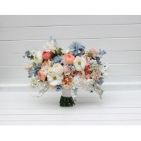 Spring summer wedding. White beige peach dusty blue flowers. Bridal bouquet .Silk flowers .Pastel wedding. Daisy bouquet. 5277