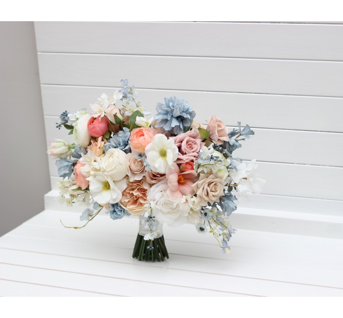 Spring summer wedding. White beige peach dusty blue flowers. Bridal bouquet .Silk flowers .Pastel wedding. Daisy bouquet. 5277
