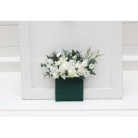 Pocket boutonniere in white sage green and dark green color scheme. Flower accessories. Pocket flowers. Square flowers. 5087