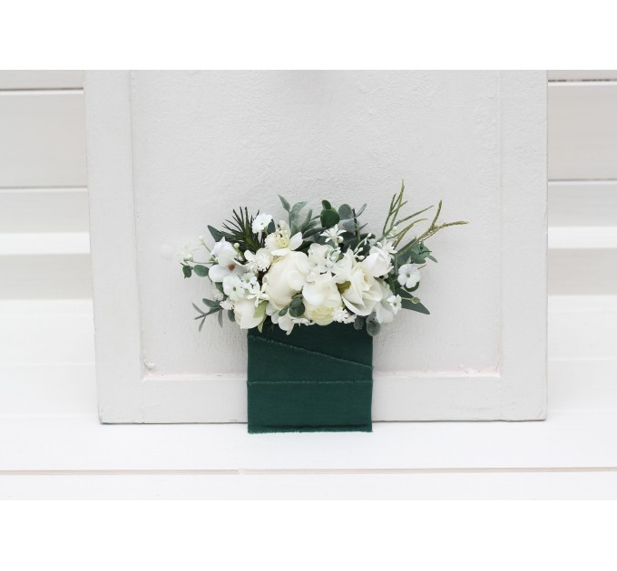 Pocket boutonniere in white sage green and dark green color scheme. Flower accessories. Pocket flowers. Square flowers. 5087