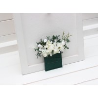 Pocket boutonniere in white sage green and dark green color scheme. Flower accessories. Pocket flowers. Square flowers. 5087