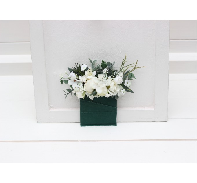 Pocket boutonniere in white sage green and dark green color scheme. Flower accessories. Pocket flowers. Square flowers. 5087