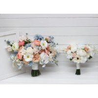 Spring summer wedding. White beige peach dusty blue flowers. Bridal bouquet .Silk flowers .Pastel wedding. Daisy bouquet. 5277