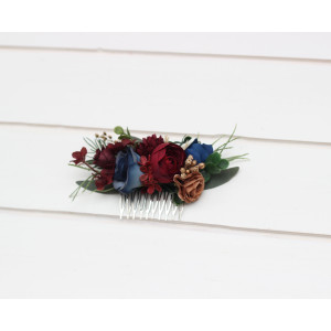 Flower comb in burgundy navy blue gold  color scheme. Wedding accessories for hair. Bridal flower comb. Bridesmaid floral comb. 0031