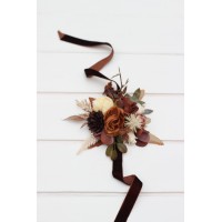  Wedding boutonnieres and wrist corsage  in terracotta brown gold cream color scheme. Flower accessories. 5105