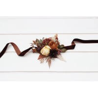  Wedding boutonnieres and wrist corsage  in terracotta brown gold cream color scheme. Flower accessories. 5105