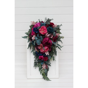 Cascading bouquet. Jewel-tone wedding. Emerald green purple magenta teal flowers. Wedding flowers .Bridal bouquet.  Faux bouquet. Bridesmaid bouquet. 5055