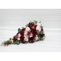 Wedding bouquets in burgundy and blush pink colors. Bridal bouquet. Cascading bouquet. Faux bouquet. Bridesmaid bouquet. 5246