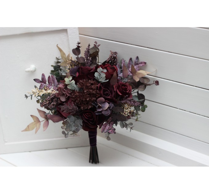 Wedding bouquets  in deep purple and burgundy colors. Bridal bouquet. Cascading bouquet. Faux bouquet. Bridesmaid bouquet. 5223