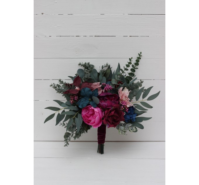 Cascading bouquet. Jewel-tone wedding. Emerald green purple magenta teal flowers. Wedding flowers .Bridal bouquet.  Faux bouquet. Bridesmaid bouquet. 5055