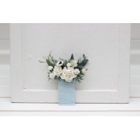 Pocket boutonniere in white and dusty blue color scheme. Flower accessories. Pocket flowers. Square flowers. 5282