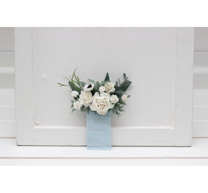 Pocket boutonniere in white and dusty blue color scheme. Flower accessories. Pocket flowers. Square flowers. 5282