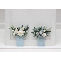 Pocket boutonniere in white and dusty blue color scheme. Flower accessories. Pocket flowers. Square flowers. 5282