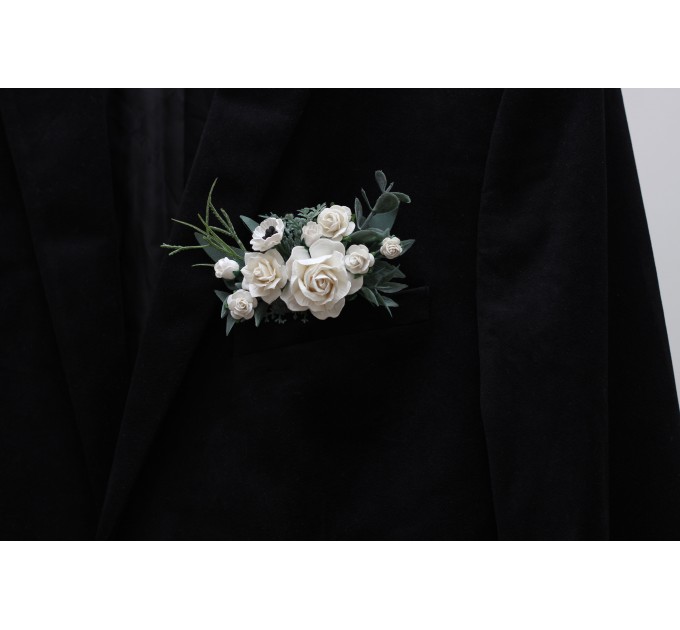 Pocket boutonniere in white and dusty blue color scheme. Flower accessories. Pocket flowers. Square flowers. 5282