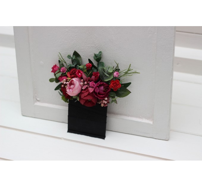  Wedding boutonnieres and wrist corsage  in magenta pink red color scheme. Flower accessories. 5280
