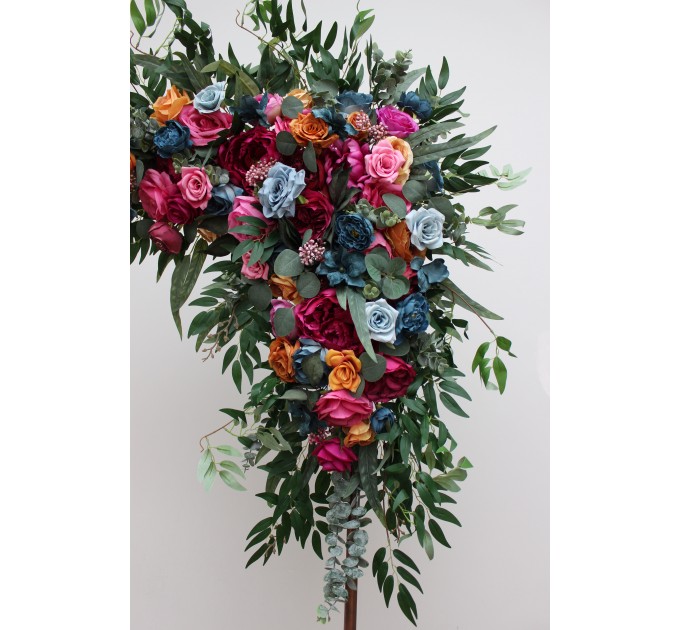 Flower arch arrangement in jewel-tone color scheme.  Arbor flowers. Floral archway. Faux flowers for wedding arch. 5187