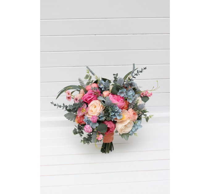 Spring summer wedding. Magenta peach coral dusty blue flowers. Bridal bouquet. Silk flowers. Pastel wedding. Wedding bouquet . Bridesmaid bouquet. 5286