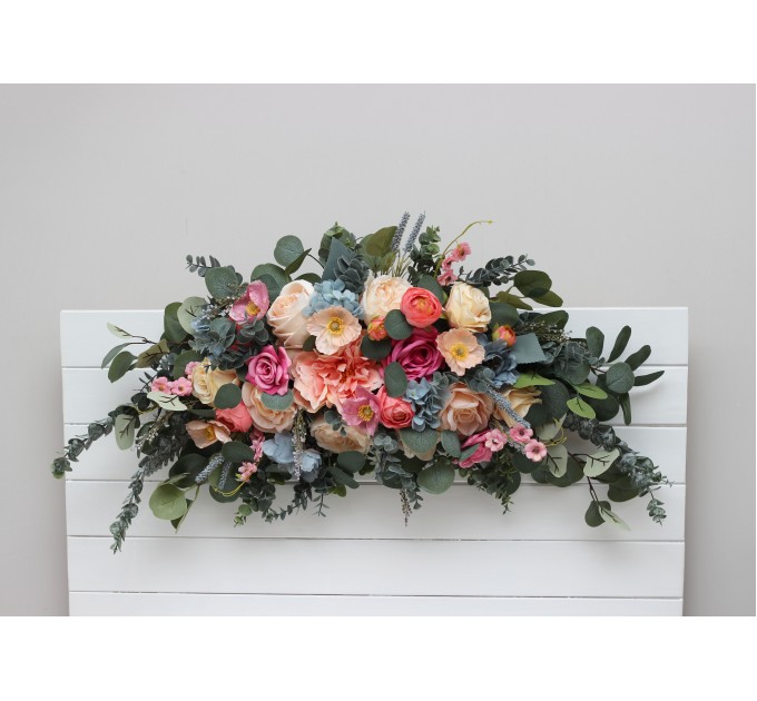  Flower arch arrangement in magenta peach coral dusty blue colors.  Arbor flowers. Floral archway. Faux flowers for wedding arch. 5286
