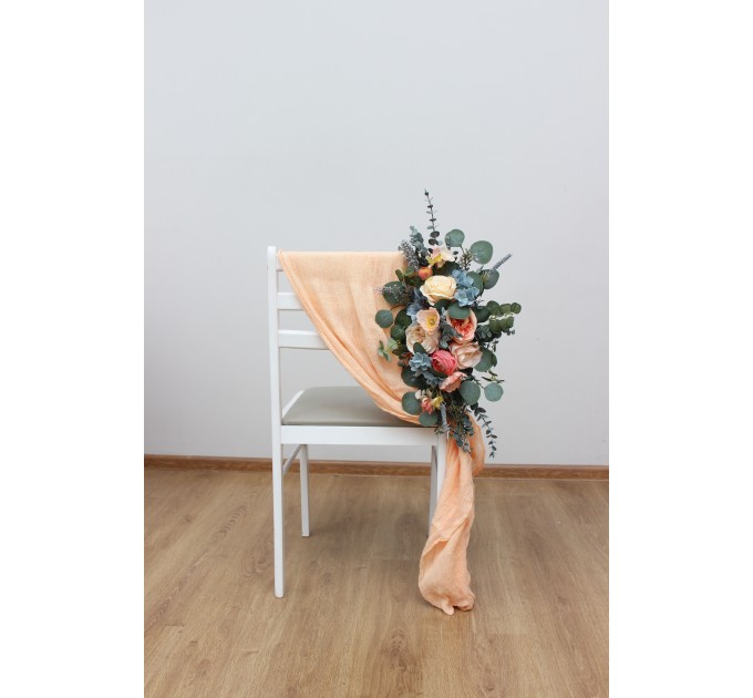 Aisle flowers in magenta peach coral dusty blue  scheme. Chair flowers. Sign flowers. Wedding flowers. Flowers for wedding decor. 5286