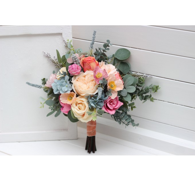Spring summer wedding. Magenta peach coral dusty blue flowers. Bridal bouquet. Silk flowers. Pastel wedding. Wedding bouquet . Bridesmaid bouquet. 5286