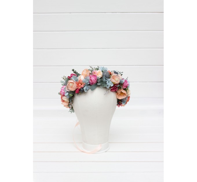 Magenta peach coral dusty blue  flower crown. Hair wreath. Flower girl crown. Wedding flowers. Colorful flower crown. Summer wedding. 5286