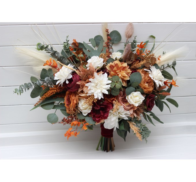 Bouquets in cinnamon ivory burgundy orange color theme. Bridal bouquet. Faux bouquet. Bridesmaid bouquet. 5287