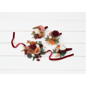  Wedding boutonnieres and wrist corsage  in cinnamon ivory burgundy orange color scheme. Flower accessories. 5287