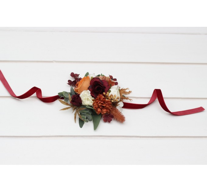  Wedding boutonnieres and wrist corsage  in cinnamon ivory burgundy orange color scheme. Flower accessories. 5287