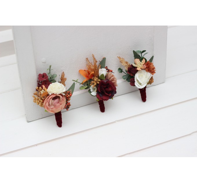  Wedding boutonnieres and wrist corsage  in cinnamon ivory burgundy orange color scheme. Flower accessories. 5287