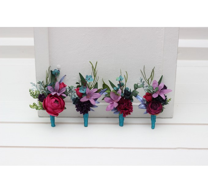  Wedding boutonnieres and wrist corsage  in teal magenta blue and purple color scheme. Flower accessories. 5225