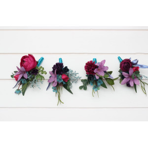  Wedding boutonnieres and wrist corsage  in teal magenta blue and purple color scheme. Flower accessories. 5225