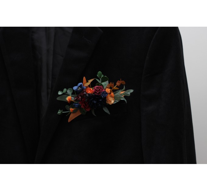 Pocket boutonniere in burgundy a navy blue and rust color scheme. Flower accessories. Pocket flowers. Square flowers. 0043