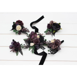  Wedding boutonnieres and wrist corsage  in deep purple black ivory green color scheme. Flower accessories. 5289