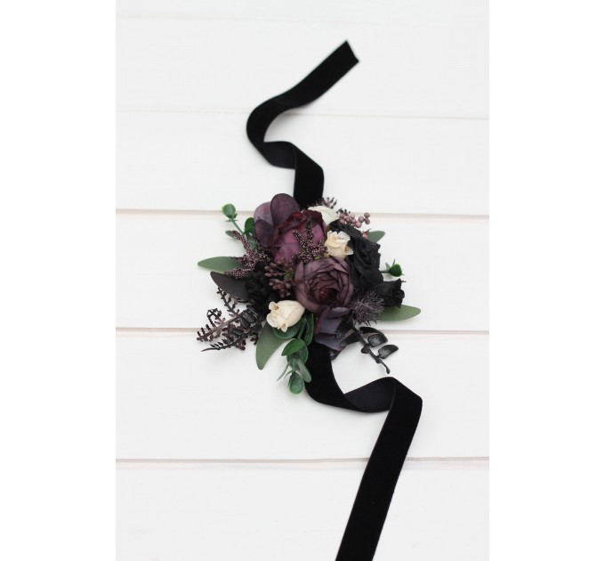  Wedding boutonnieres and wrist corsage  in deep purple black ivory green color scheme. Flower accessories. 5289