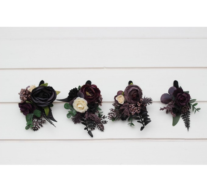  Wedding boutonnieres and wrist corsage  in deep purple black ivory green color scheme. Flower accessories. 5289