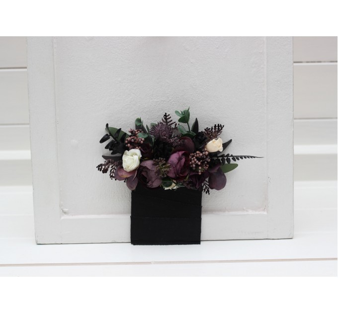 Pocket boutonniere in deep purple black ivory green color scheme. Flower accessories. Pocket flowers. Square flowers. 5289