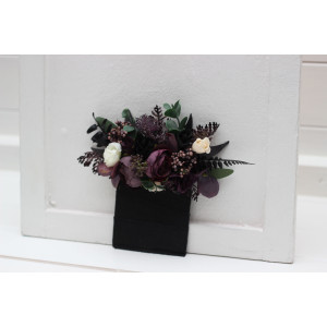 Pocket boutonniere in deep purple black ivory green color scheme. Flower accessories. Pocket flowers. Square flowers. 5289