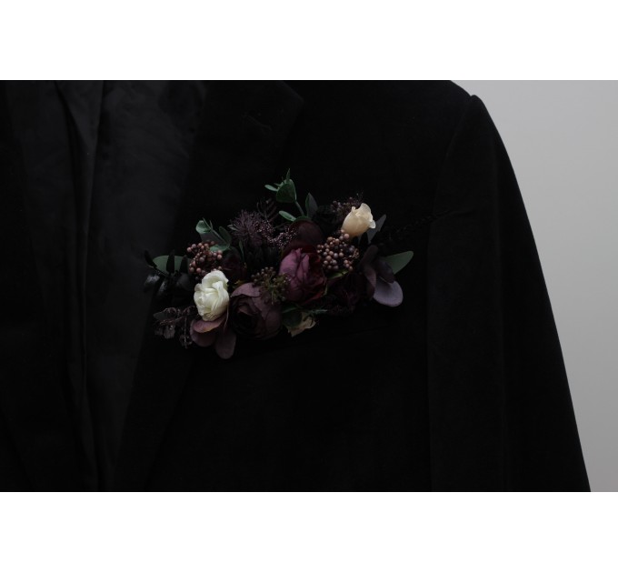 Pocket boutonniere in deep purple black ivory green color scheme. Flower accessories. Pocket flowers. Square flowers. 5289
