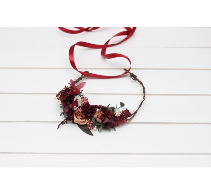 Burgundy dusty rose peach flower crown. Hair wreath. Flower girl crown. Wedding flowers. 0501