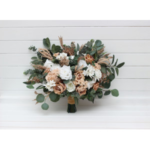 Bouquets in beige tan white color theme. Bridal bouquet. Faux bouquet. Bridesmaid bouquet. 5290