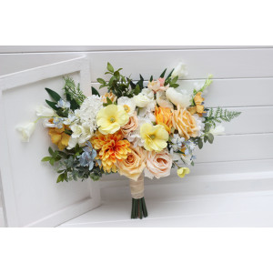 Spring summer wedding. Cascading bouquet. Orange peach yellow dusty blue flowers. Faux bouquet. Bridal bouquet. Boho wedding. Bridesmaid bouquet. 5291