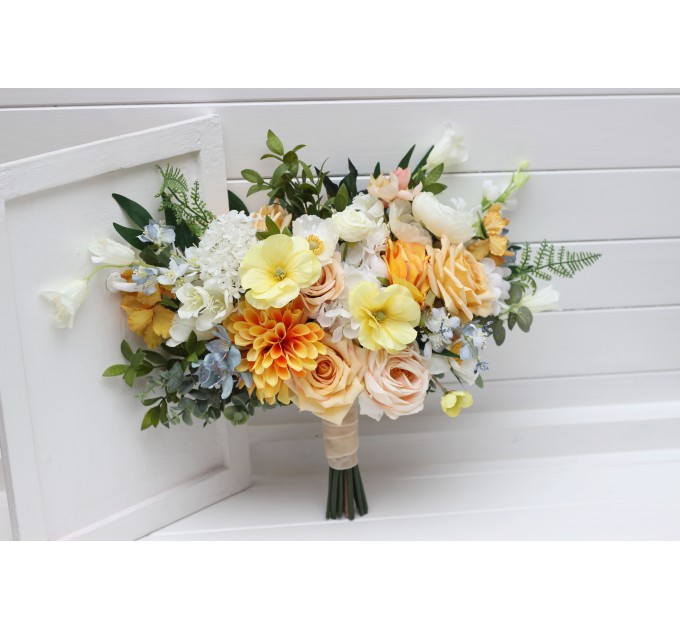 Spring summer wedding. Cascading bouquet. Orange peach yellow dusty blue flowers. Faux bouquet. Bridal bouquet. Boho wedding. Bridesmaid bouquet. 5291