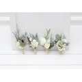  Wedding boutonnieres and wrist corsage  in sage green ivory  color scheme. Flower accessories. 5075