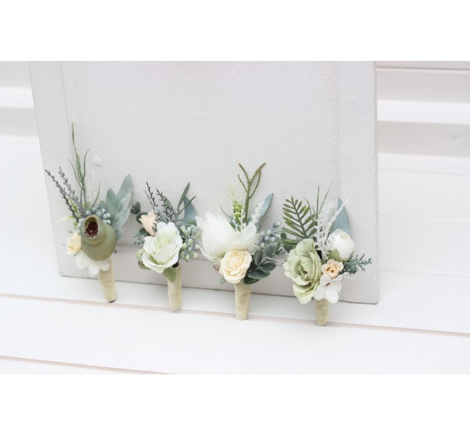  Wedding boutonnieres and wrist corsage  in sage green ivory  color scheme. Flower accessories. 5075