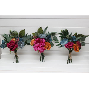 Mini bouquets for vases. Flowers for wedding decor in magenta orange dusty blue colors. Jewel tone wedding. 5187