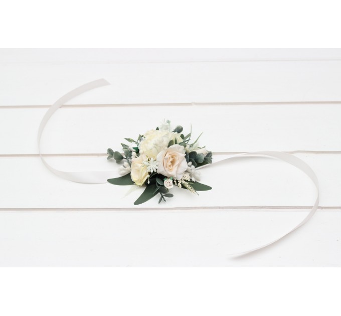  Wedding boutonniere and wrist corsage  in white and ivory color scheme. Flower accessories. 5021-1
