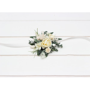  Wedding boutonniere and wrist corsage  in white and ivory color scheme. Flower accessories. 5021-1